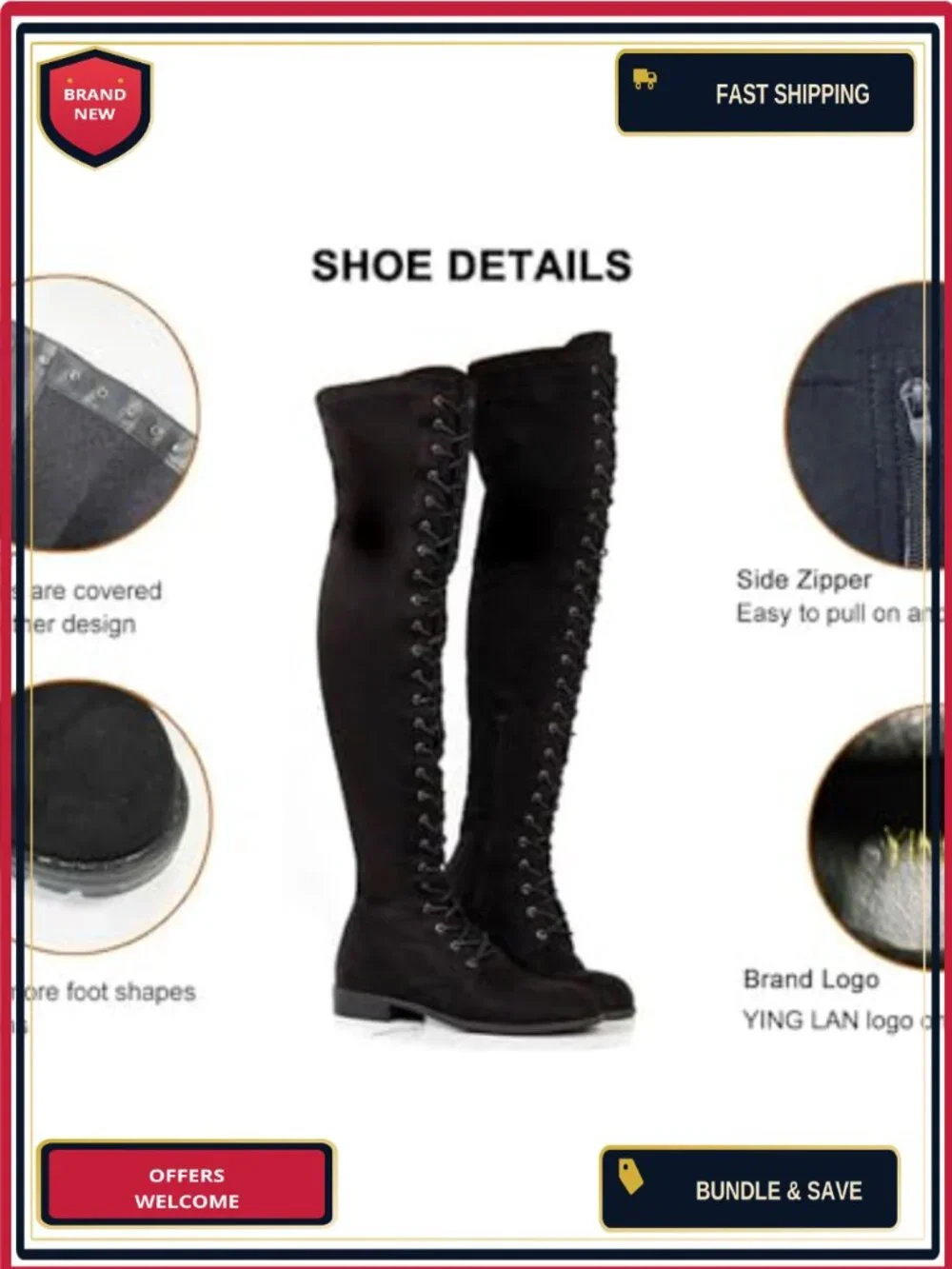 Over the Knee Lace Up Suede Combat Boots, Block Heel, Side Zipper, Round Toe,